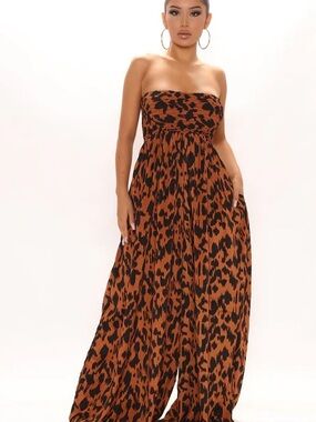 Strapless Leopard Print Jumpsuit in Brown